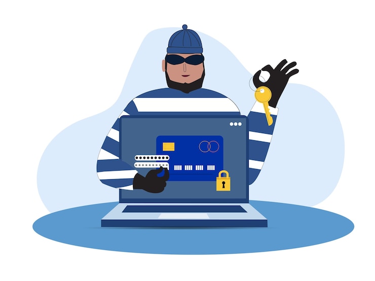 Vector hacker activity cyber thief on internet device vector illustration