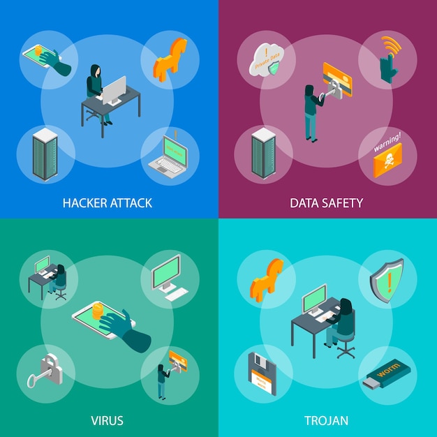 Hacker Attack Concept Banner Set 3d isometrische weergave vector