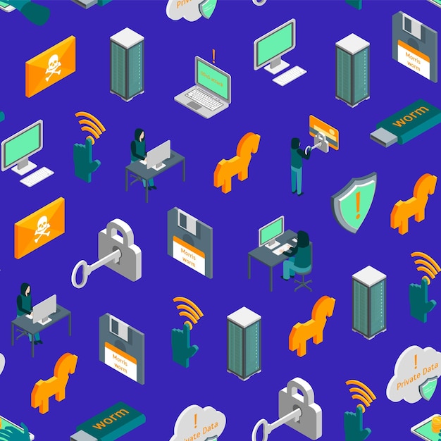 Hacker Attack Concept Naadloos patroon achtergrond 3d Isometrische weergave vector