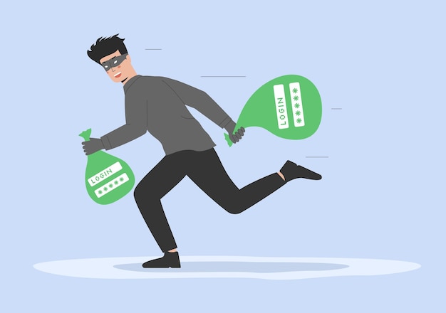 Hacker Attack and Cyber Criminals Phishing Stealing Private Personal Data Hack User Login Password Hacker In Mask Escapes With Stolen Data Cartoon Outline Linear Flat Style Vector Illustration