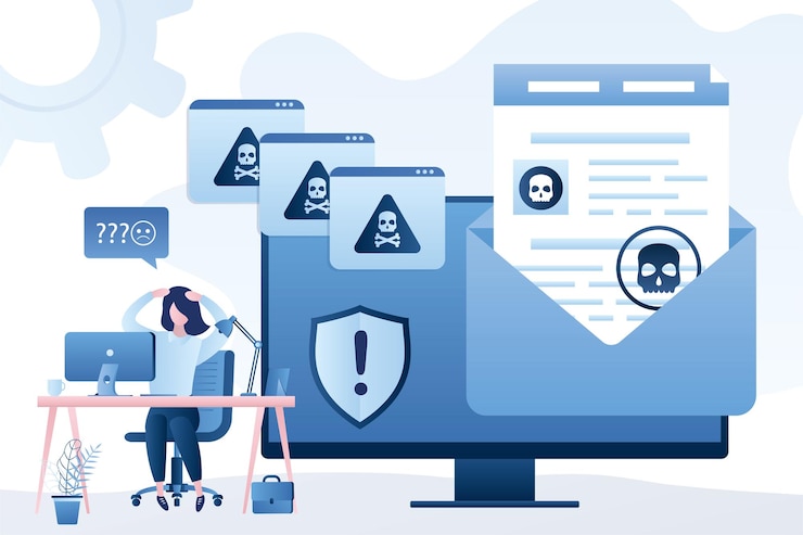 Vector hacker attack pirate virus bot network piracy danger happy businessman employee on workplace vector