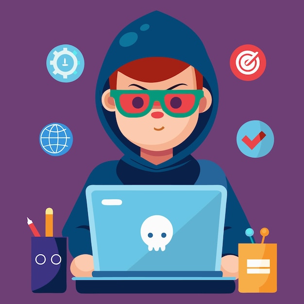Hacker bedient een laptop Cartoon Icon Illustratie