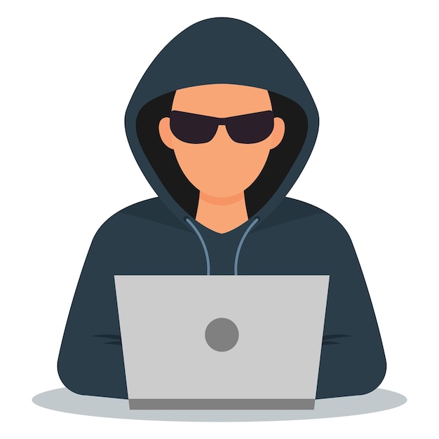 Hacker in black glasses with a laptop Network hacking Vector illustration