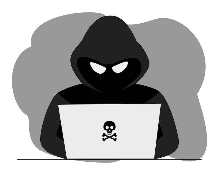 Vector 黒いパーカーを着たハッカー ラップトップを持つサイバー犯罪者がユーザーの個人データを盗む