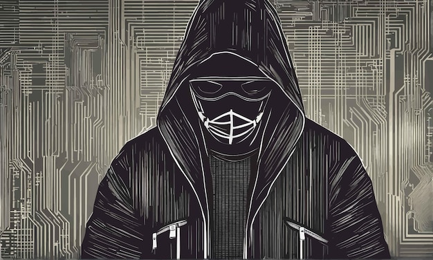 hacker in black hoodie and mask with a laptop in his hands cyber security conceptcyber security wi