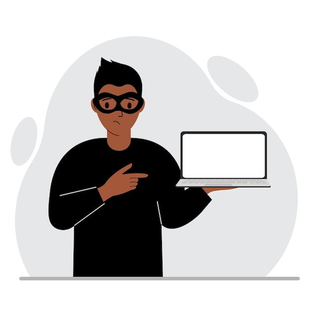 Vector hacker in a black mask with a computer the cybercriminal is holding a laptop cyber attack mobile phishing scam vector flat illustration