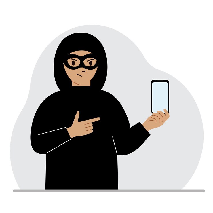 Хакер в черной маске с мобильным телефоном Киберпреступник держит смартфон Кибератака Мобильный фишинг Мошенничество Векторная плоская иллюстрация