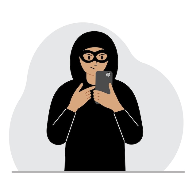 Vector hacker in a black mask with a mobile phone the cybercriminal is holding a smartphone cyber attack mobile phishing scam vector flat illustration