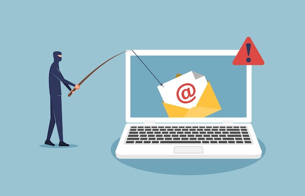 Vector hacker breekt e-mail op laptop scherm concept. phishing en cybercriminaliteit vectorillustratie