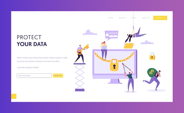 ハッカーのキャラクターがパスワードとお金のランディングページを盗む。コンピュータセキュリティデータをハッキングする泥棒。 WebサイトまたはWebページの詐欺攻撃Webウイルスの概念。フラット漫画ベクトルイラスト