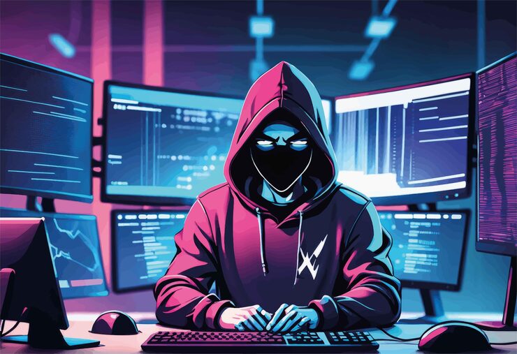 Vector hacker in a computer with a hood in the background of the computer hacking hacker hacking hacker