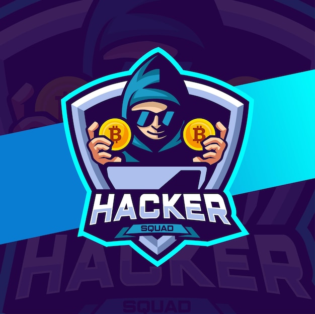Design del logo della mascotte di criptovaluta hacker per l'e-sport e il logo della squadra