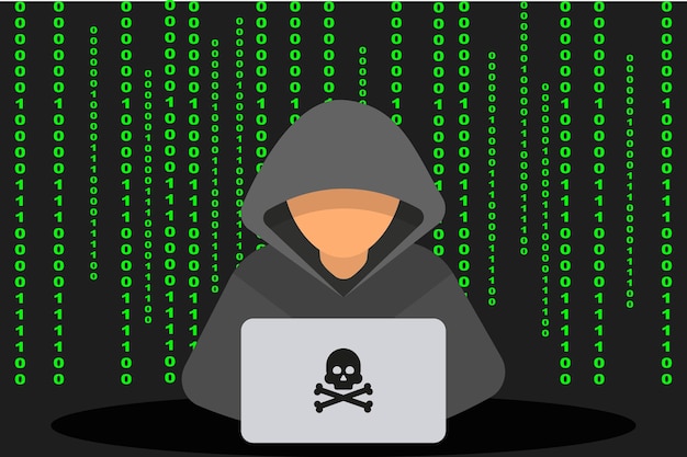 Hacker cyber criminal with laptop Hacker in black hood with laptop trying to cyber attack Hacker and cyber criminals phishing stealing private personal data Online scam and steal