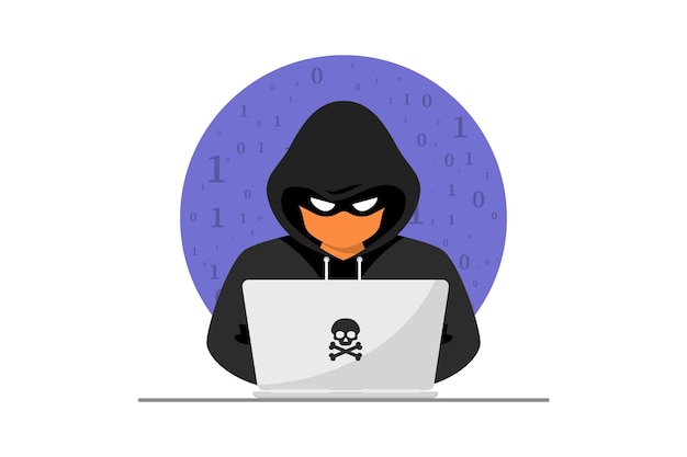 ユーザーの個人データを盗むラップトップを持つハッカーサイバー犯罪者ハッカー攻撃とWebセキュリティ