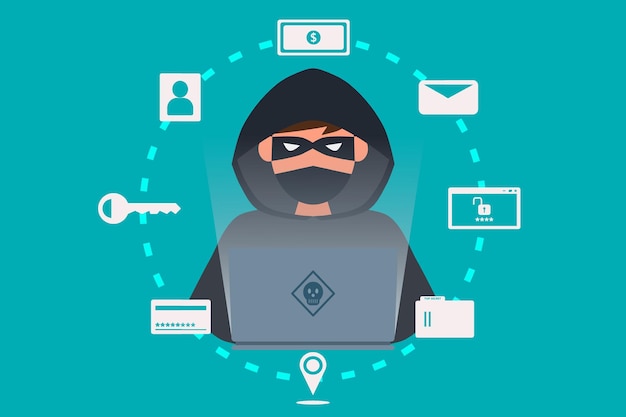 Hacker or Cyber criminal with laptop stealing user personal data Internet phishing concept vector illustration