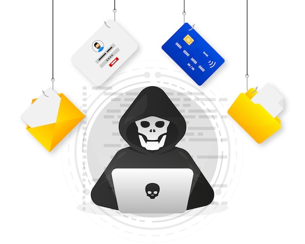 Vettore hacker e criminali informatici phishing che rubano dati personali privati login utente password documento e-mail e carta di credito illustrazione vettoriale