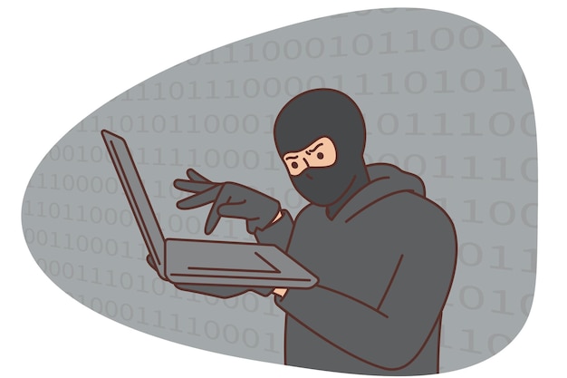 hacker cybercriminal with laptop stealing users personal data