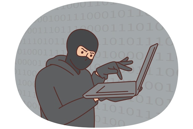 Hacker cybercriminal with laptop stealing users personal data