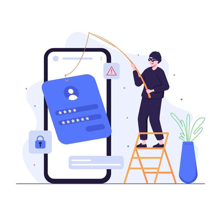 Vector hacker doing account phishing using fishing rod