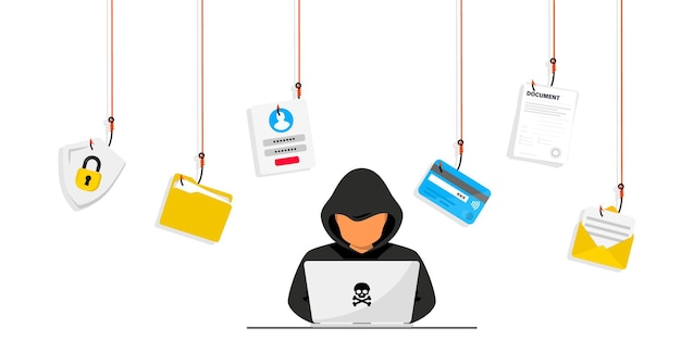 Hacker- en cybercriminelen phishing stelen persoonlijke persoonlijke gegevens, gebruikerslogin, wachtwoord, document, e-mail en creditcard. Phishing en fraude, online zwendel en stelen. Hacker zit op het bureaublad