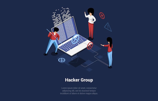 Illustrazione di concetto di gruppo di hacker in stile cartoon 3d. composizione vettoriale isometrica su sfondo blu scuro. sistema informatico di cracking dei ladri informatici, attacco di codice software. computer portatile, infografica intorno.