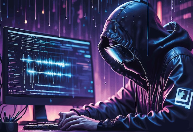hacker hacker met computer en binaire code in het donkere cyberbeveiligingsconcept hacker hacker met