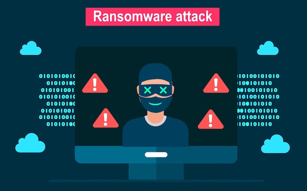 ランサムウェア攻撃でシステムをハッキングするハッカーサイバーセキュリティベクトルのサイバーセキュリティの概念