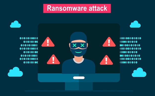 Hacker che hackera il sistema con il concetto di sicurezza informatica di attacco ransomware del vettore di sicurezza informatica