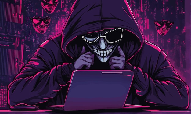 Vettore hacker nella cappa e il laptop davanti a un computer internet di hacking hacker nella cappa