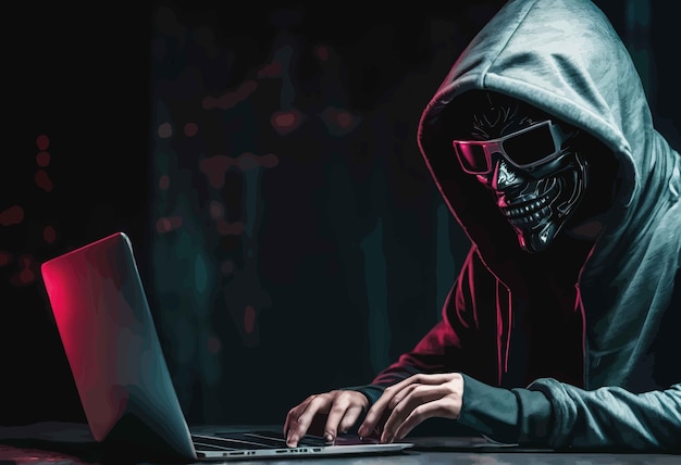 Vettore hacker nel quartiere con laptop e un hacker nel buiohacker nel quartiere con laptop e un hacker nel d