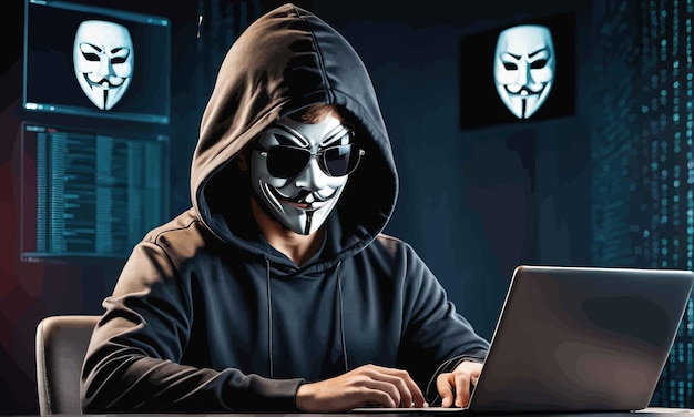 후디와 후디를 입은 해커 데이터 공격으로 노트북을 사용하는 후디와 후디를 입은 해커