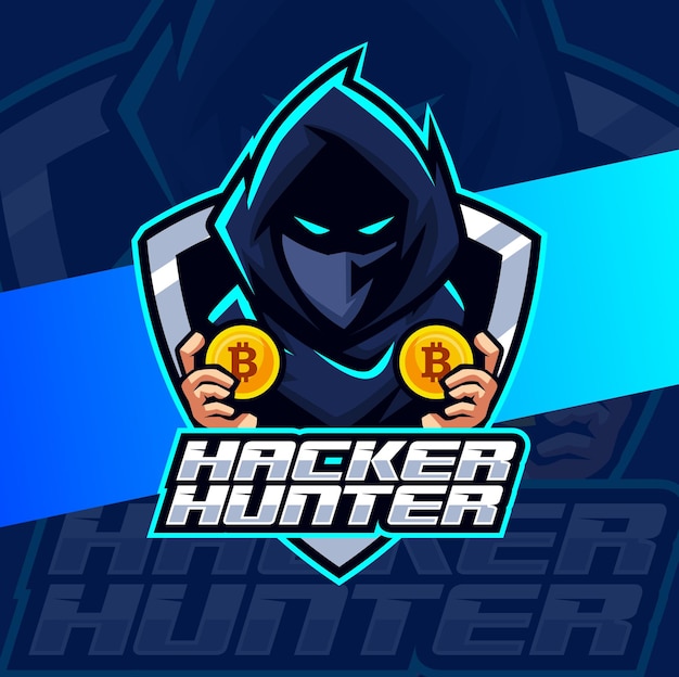 Personaggio di design logo esport mascotte hacker hunter