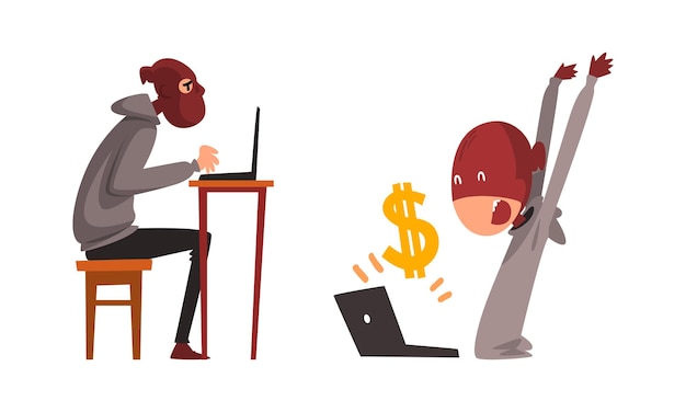 Hacker in capuchon en masker die geld steelt met behulp van laptop vector set