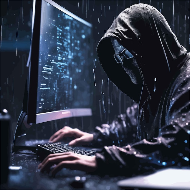 Vector hacker in capuchon met laptop in donker interieur hacker in hood met laptop met hacking codehacker in