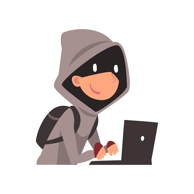 Hacker in hoodie en zwart masker die informatie steelt met behulp van laptop Internetcriminaliteit Computerbeveiligingstechnologie Cartoon Vector illustratie op witte achtergrond