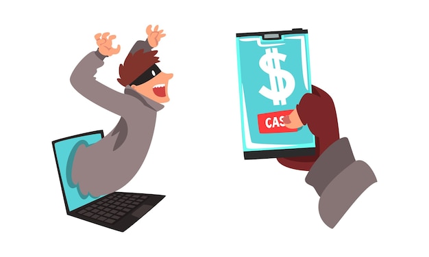 Hacker in masker steelt geld met behulp van laptop vector set