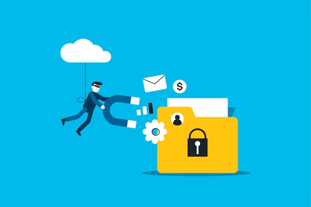 Hacker man steelt data hacker aanval op bestand vector illustratie Hacker aanval op data phishing en hacking crime