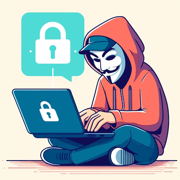 hacker man with anonymous mask sitting in front of laptop