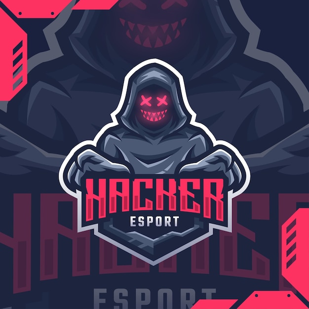 Disegno del logo esport mascotte hacker vettore premium