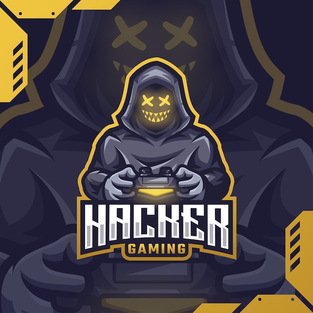 Disegno del logo esport mascotte hacker vettore premium