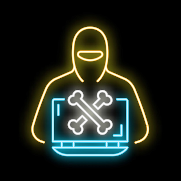 Hacker met een laptop met schedel en gekruiste botten symbool neon bord