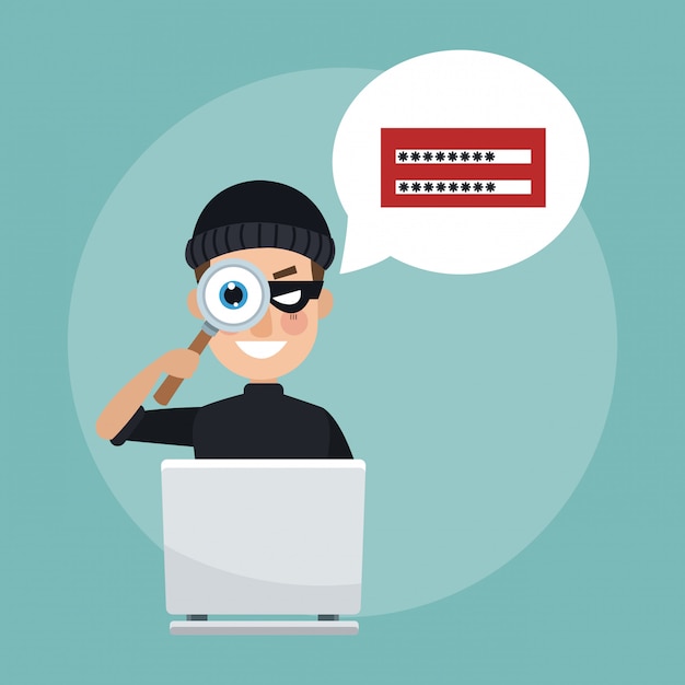 Hacker met laptop wachtwoord cartoon
