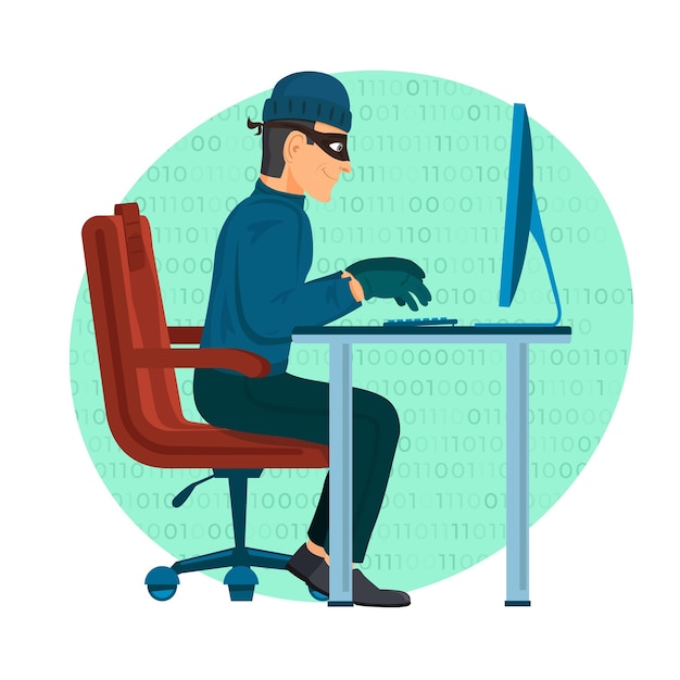 hacker operating a personal computer vector icon illustration hacker and technology concept white isolated
