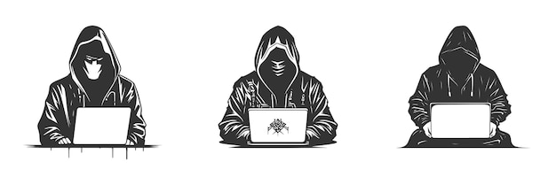 Hacker silhouette 'an in a hood working at a laptop vector illustration