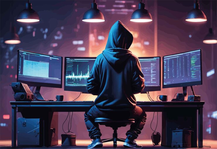 Vector hacker using computer to hacking information hacker in the dark room hacker attack in the internet
