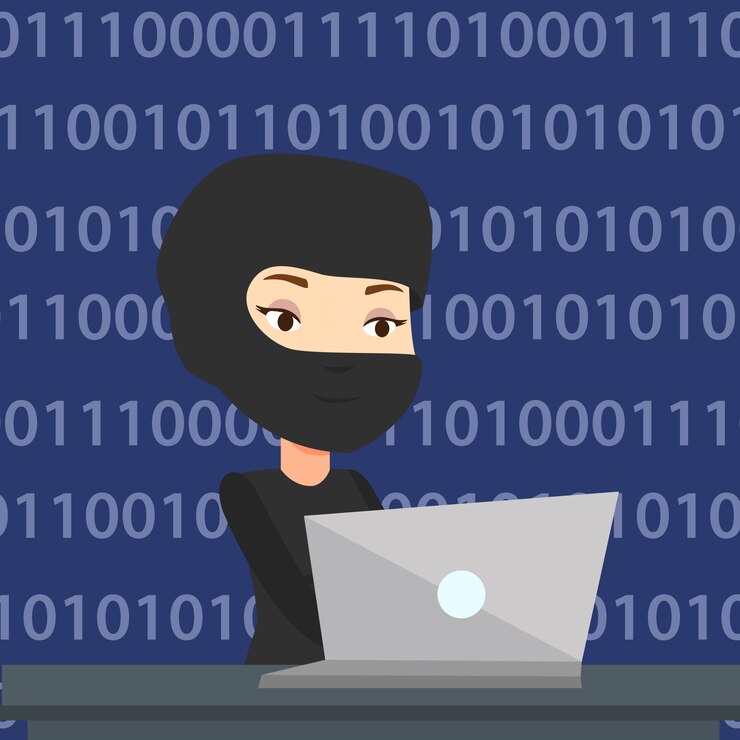 Vector hacker using laptop to steal information.