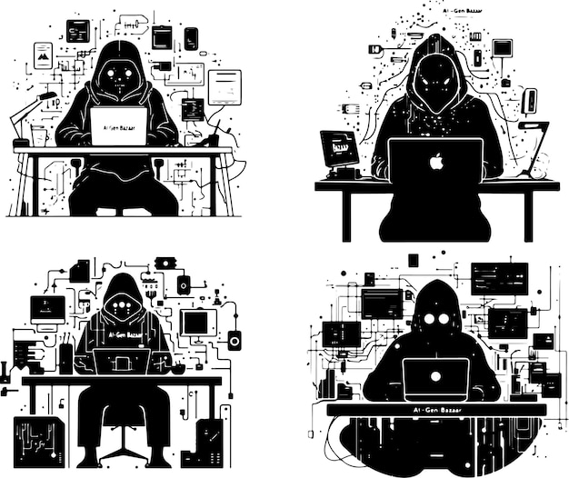 ハッカー ベクトル コンピュータ ハッカー シルエット サイバー セキュリティ アート デジタル ハッカー サイバー 犯罪 イラスト