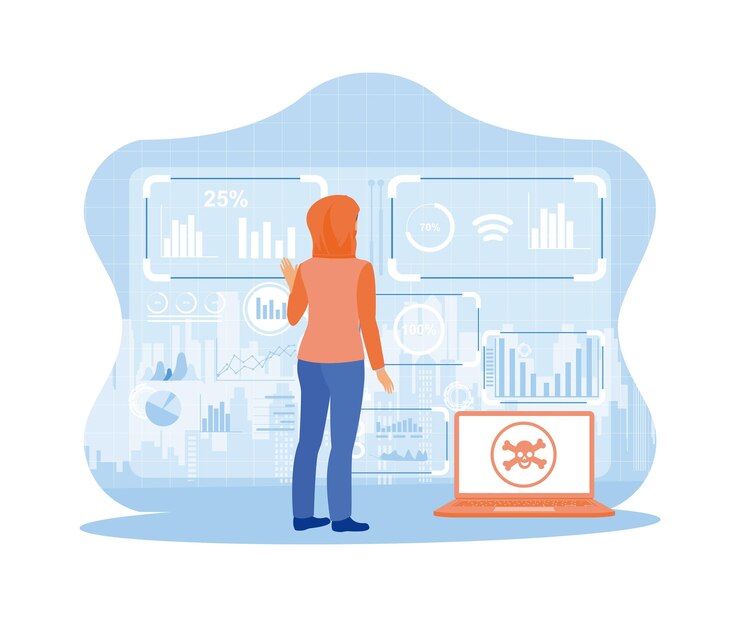 Vector hacker wearing a hoodie standing in front of a virtual screen concept of hitech and communication