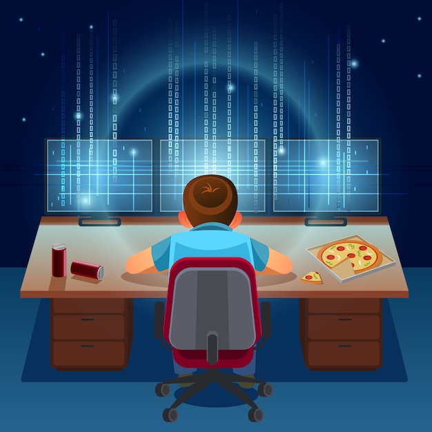 Hacker werkt aan een code op donkere digitale achtergrond met digitale interface rond. Binaire computercode. Programmering / codering / Hacker concept. Cartoon afbeelding.