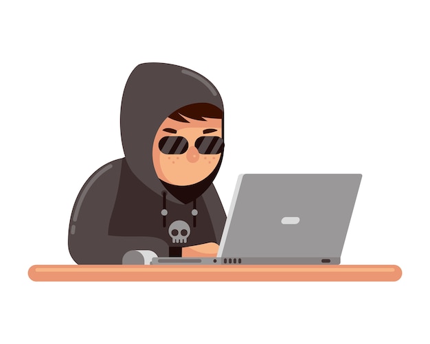 Хакер с черным капюшоном, пытающимся атаковать кибер на ноутбуке